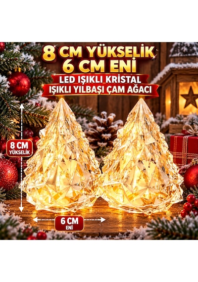2 Adet Mini Kristal Led Işıklı Yılbaşı Ağacı Işıklı Çam Ağacı Işıklı Noel Ağacı Gün Işığı Led Işıklı 9 CM