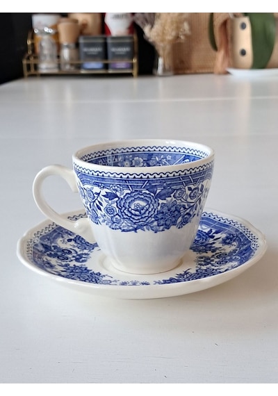Vintage Burgenland Çiçek Desenli Antika Çay Fincanı Seti Mavi Mavi