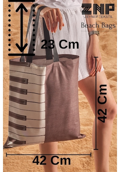 Piano Desen Baskılı Plaj Çantası Bej