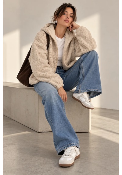 Bb Butik Basic Kadın Kapüşonlu Fermuarlı Peluş Ceket Oversize Rahat Kesim My3535 Bej