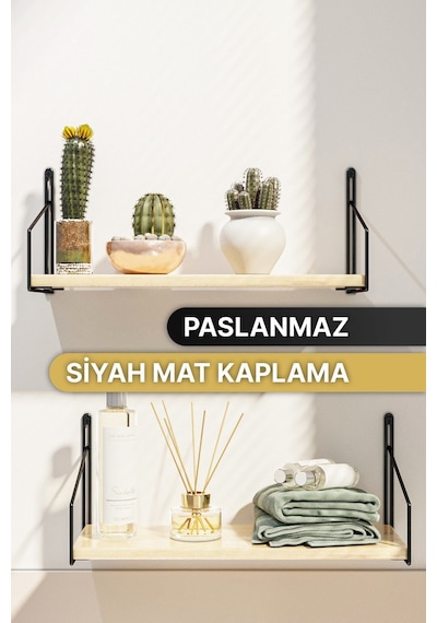 Bino Masif Ahşap Duvar Rafı  Lüks Dekoratif Banyo Mutfak Rafı 2'li