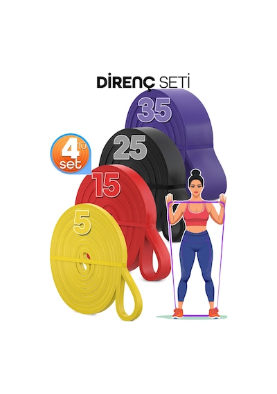 5+15+25+35 Kg 4'lü Set Barfiks Lastiği Gym Resistance Band Antrenman Kas Geliştirme Bandı 4 Boy