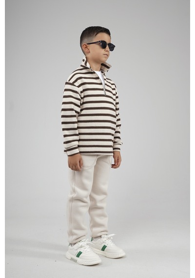 King-Brich Kingbrich Kids Oversize Kalıp Çizgili Yakası Fermuarlı Sweatshirt Kahve