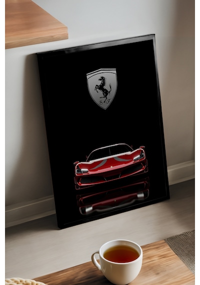 Ferrari F8 Siyah Ahşap Çerçeveli Poster, Dekoratif Araba Duvar Tablosu