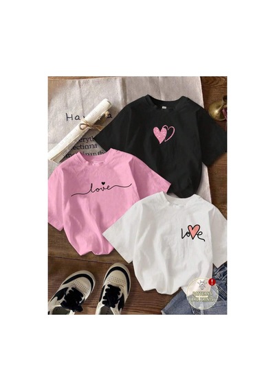 Ss Sinser Kız Çocuk 3'lü Paket Baskılı Love Kalpler Penye Tişört Pembe-siyah-beyaz Çok Renkli