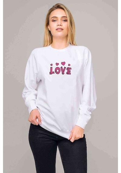 Love Pembe Yazı Baskılı Beyaz Kadın Sweatshirt