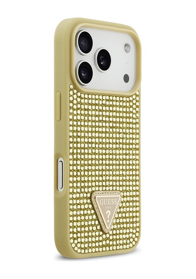 Apple Uyumlu iPhone 17 Pro Kılıf Guess Lisanslı Taşlı Arka Yüzey Üçgen Logolu Kapak Gold
