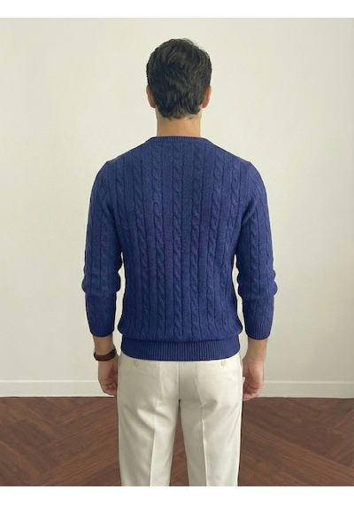 Erkek Lacivert Bisiklet Yaka Slim Fit Saç Örgülü Triko Kazak Lacivert