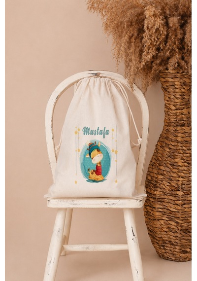 İsme Özel Erkek Bebek Çocuk Kıyafet Kesesi 30x40 Cm %100 Pamuk Ham Bez İsim Baskılı Yıkanabilir Kişiye Özel Kese 2082kk Ekru