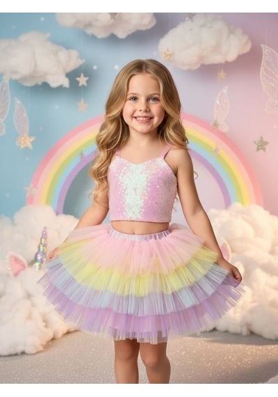 Zekids Kız Çocuk Pullu Crop Tütülü İkili Abiye Takım-17121 Çok Renkli