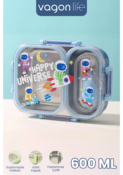 600 Ml Sızdırmaz İki Bölme Paslanmaz Çelik Lunch Box Yeni Nesil Sefer Tası Çatallı Kaşık Ff7163 Mavi