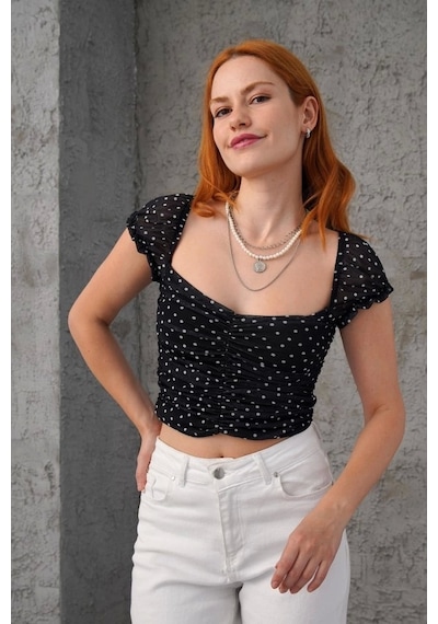 Defymoda Puantiyeli Belden Oturtmalı Tül Siyah Bluz Siyah