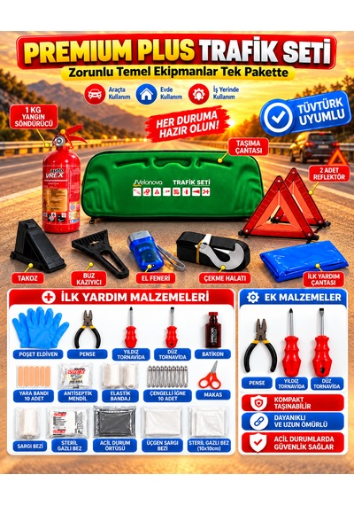 Premium Trafik Ve İlk Yardım Seti Tüvtürk Muayene Uyumlu Ce Belgeli Abc 1kg Yangın Söndürücü Ve E Belgeli Reflektör-yeşil Eva