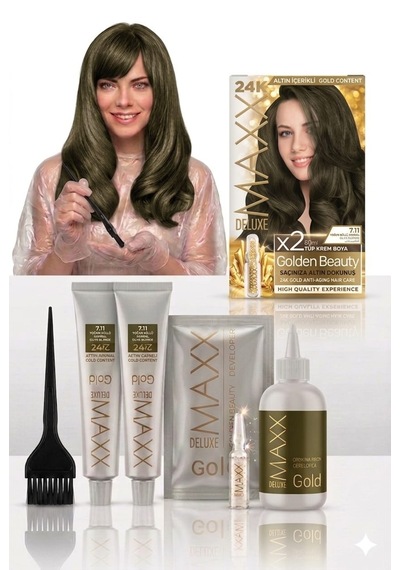 Maxx Deluxe Golden Beauty Set Saç Boyası 7.11 Yoğun Küllü Kumral 2 Li + Fırça+pratik Boya Kabı