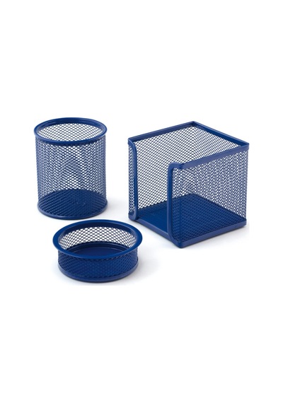 Mavi Perfore A Üstü Metal Üçlü Set Kalemlik Ataşlık Küp Blok Desk Organizer