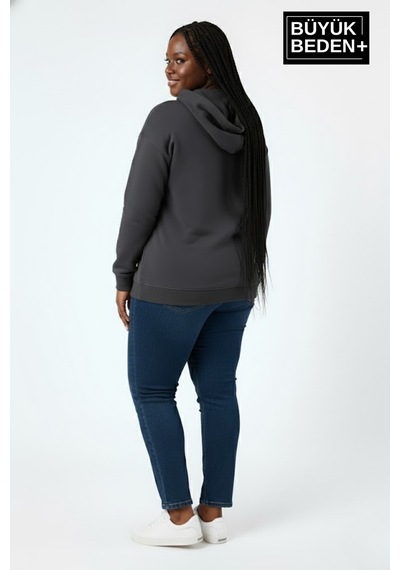 Süperlife Kadın Büyük Beden Kapşonlu İnce Sweatshirt Spr24bswk57 Füme