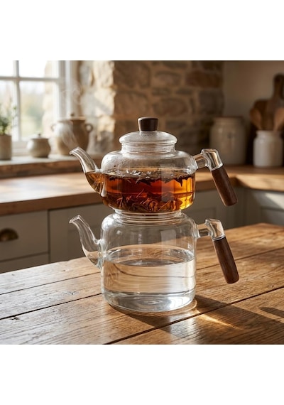 Akasya Cam Çaydanlık Takımı 1800 Ml + 950 Ml - Ahşap Kulplu Isıya Dayanıklı Borosilikat Şeffaf Çaydanlık çok renkli