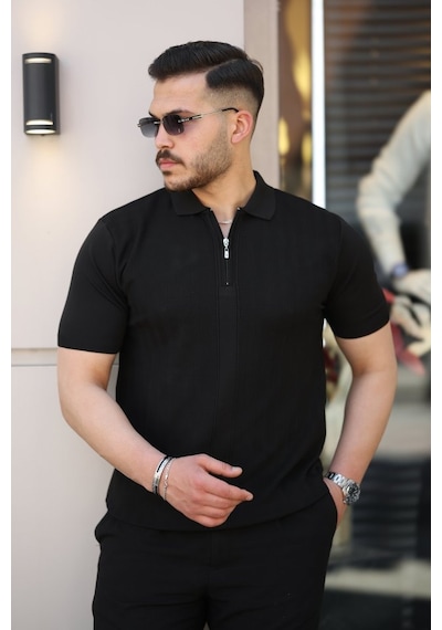 Erkek Yakası Fermuarlı Kısa Kollu T-shirt Siyah