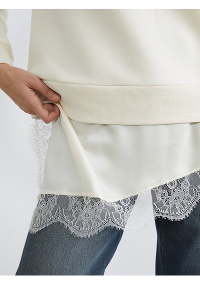 Lcw Vision Bej Dantel Detaylı Oversize Kadın Kalın Sweatshirt