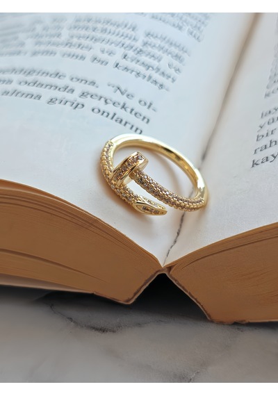 Ayarlanabilir Çivi Model Zirkon Taşlı Gold Renk Çelik Yüzük Altın
