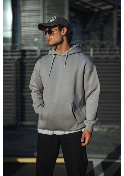 Erkek 3 İplik Penye Kapüşonlu Basic Sweatshirt Hoodie - Boyalı Gri