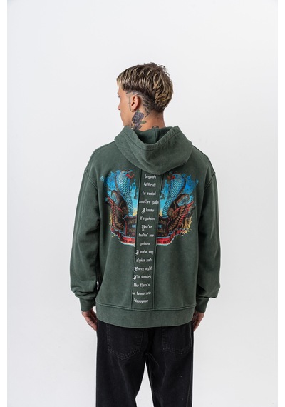 Respire Erkek Snake Baskılı Yıkamalı Kapüşonlu Oversize Hoodie Yeşil