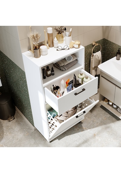 Çamaşır Sepetli Banyo Dolabı, Çok Amaçlı Çekmeceli Dolap 60 Cm Mat Beyaz