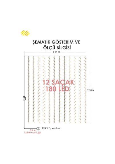 Trendpoint 2.5 X 2.5 Metre 8 Fonksiyonlu Perde Led 12 Saçaklı 180