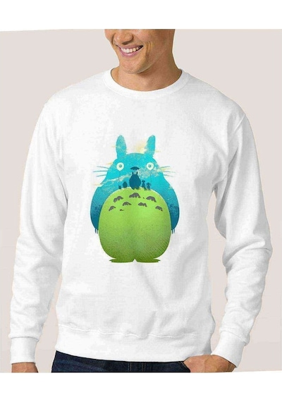 My Neighbor Komşum Totoro Baskılı Beyaz Erkek Örme Sweatshirt (530951575)