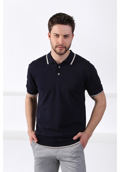 Ferraro Laci/Beyaz Yaka Şerit Düğmeli Erkek Pamuk Triko T-Shirt