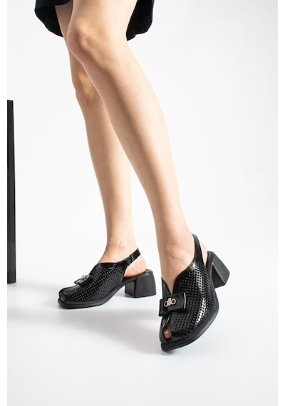 Dericia Shoes Allone Hakiki Deri Kadın Günlük Rahat Topuklu Sandalet Siyah