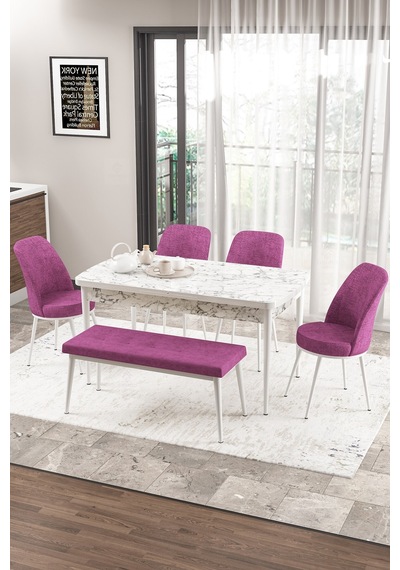 Canisa Concept Zen Serisi 80x132 Mdf Açılabilir Beyaz Mermer Desen Masa Takımı 4 Mor Sandalye Ve 1 Bench Masa Beyaz Mermer Sandalye Ve Bench Mor Canisa Concept Zen Serisi 80x132 Mdf Açılabilir Beyaz Mermer Desen Masa Takımı 4 Mor Sandalye Ve 1 Bench Masa Beyaz Mermer Sandalye Ve Bench Mor