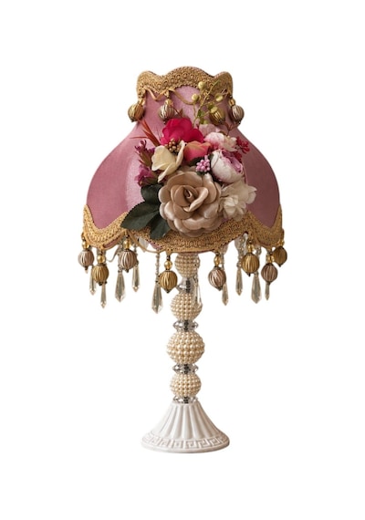 Gül Kurusu Kadife Çiçek Süslemeli Gold Detaylı Başlık İncili Metal Ayak Klasik Model Abajur 50x30cm Gülkurusu