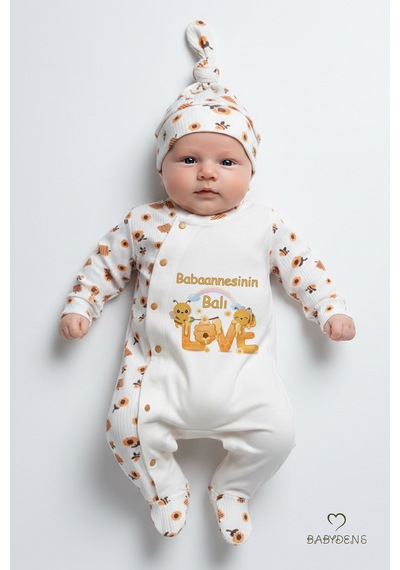 Babyden's Babaannesinin Balı Yazılı Yenidoğan Bebek Tulum Şapka Set Arı Desenli Çıtçıtlı Unisex Tulum Ekru - Çok Renkli