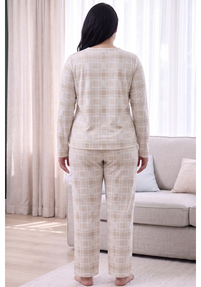 Siyah İnci Desenli Termal Kumaşlı Ultra Soft Yumuşak Büyük Beden Battal Boy Örme Pijama Takımı 26226718 Krem