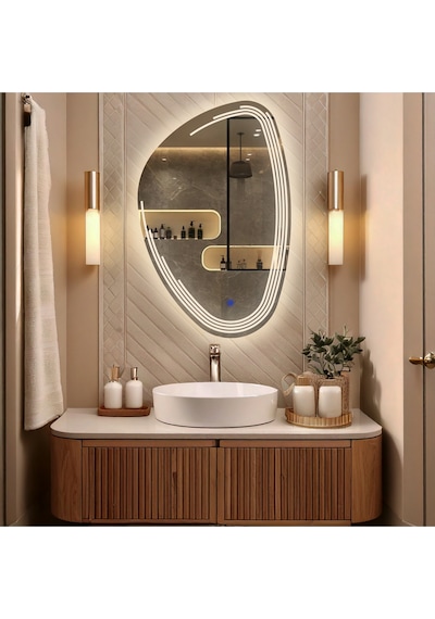 Fractura Asimetrik Led'li Kumlamalı Lavabo & Banyo Aynası Dokunmatik Sensörlü 100 X 65 Cm Günışığı