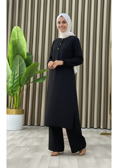 Mismoly Tesettür İkili Takım Uzun Tunik Bol Paça Pantolon 4006-siyah Siyah