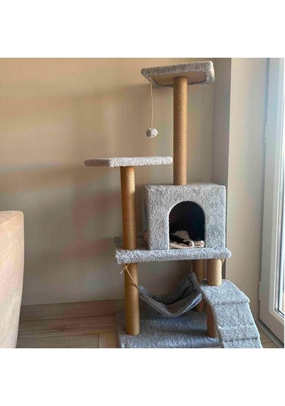 Pet B-07 Hamaklı Yuvalı Lüx Kedi Tırmalama Oyun Evi Gri