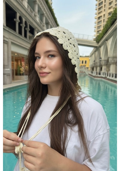 Mollycrush Krem Çiçek Motifli Örgü Hair Band Bağcıklı Yazlık Kadın Başlık Krem