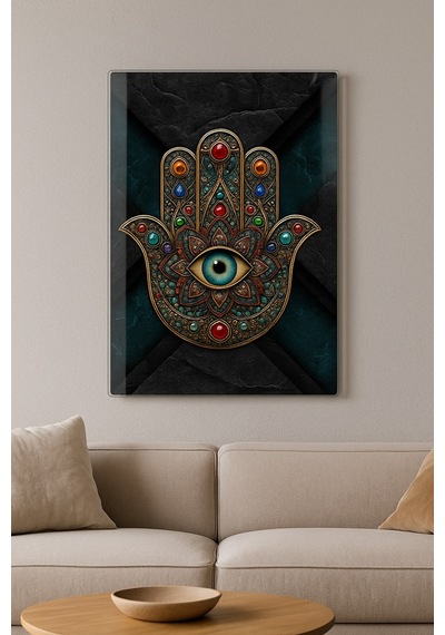 Hamsa El Ve Nazar Göz Tasarımlı Dekoratif Cam Tablo