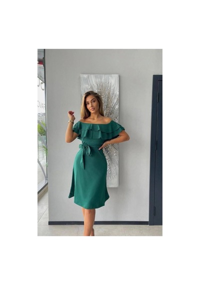 DefyModa Kadın Şık Detay Krep Kumaş Kayık Yaka Kuşaklı Abiye Elbise Zümrüt