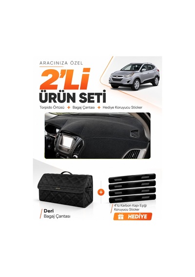 E-biz Hyundai Tucson 2009-2015 Uyumlu Torpido Örtüsü + Deri Bagaj Çantası Seti - Siyah - Hu034