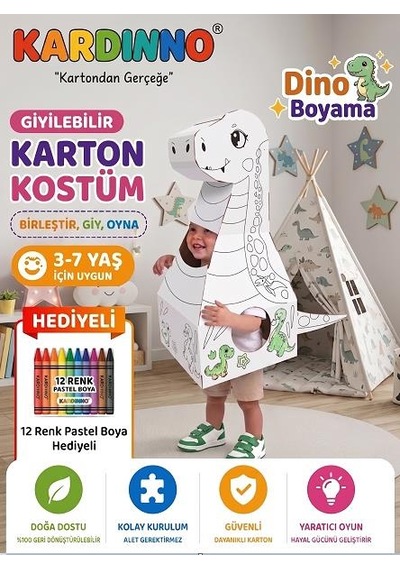 Kardinno Giyilebilir Karton Dinozor Kostümü - Çocuk Boyama Maketi Eğitici Oyuncak Pastel Boya Hediyeli Beyaz