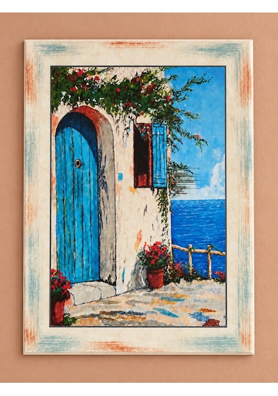 Ahşap Eskitme Yağlı Boya Desenli Sahil Evi Deniz Manzaralı Dekoratif Ahşap Tablo 52x72 Cm