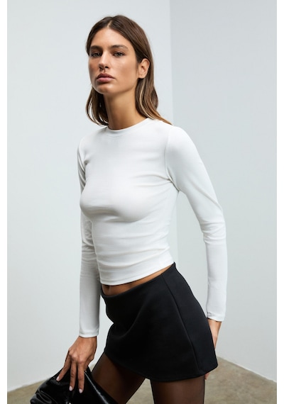 Grımelange Grıgros Kadın Esnek Kumaşlı Vücuda Oturan Slim Fit Uzun Kollu Beyaz T-shirt Beyaz