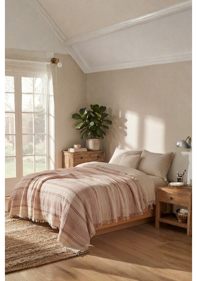 Natura Soft Ekru 4 Kat Müslin Çift Kişilik Yatak Örtüsü 220x230 Cm %100 Pamuk Çok Amaçlı Koltuk Örtüsü Ve Tv Battaniyesi Gül Kurusu