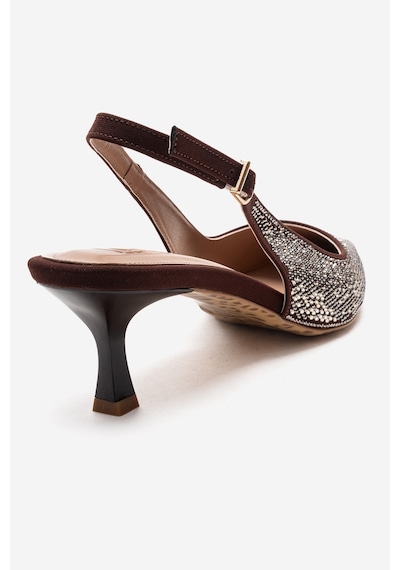 Luvishoes Nella Kahverengi Altın Taşlı Kadın Topuklu Ayakkabı Kahverengi