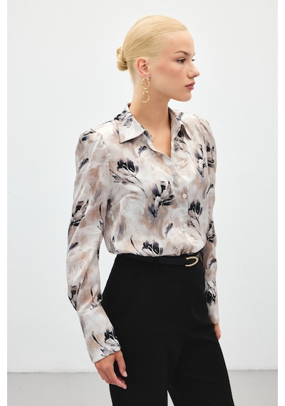 Sateen Vatkalı Desenli Gömlek - Gri-136407 Gri