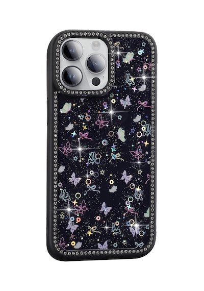 Apple Uyumlu iPhone 14 Pro Max Kılıf Taşlı Ve Simli Tasarım Mkst Azra Kapak - Pembe Pembe