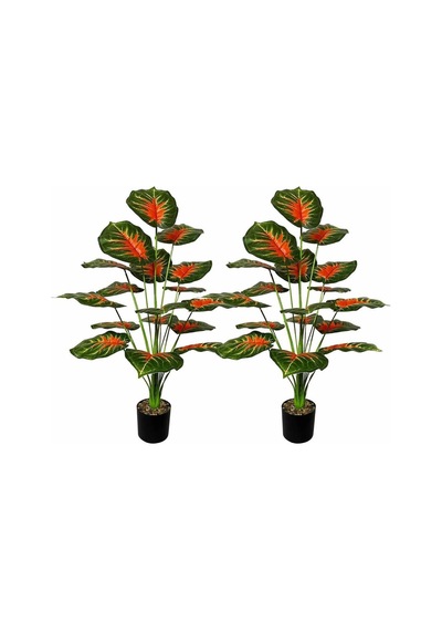 Yapay Çiçek Saksıda Tropik Kızıl Caladium 18 Dal 70 Cm Salon Çiçeği Yapay Bitki